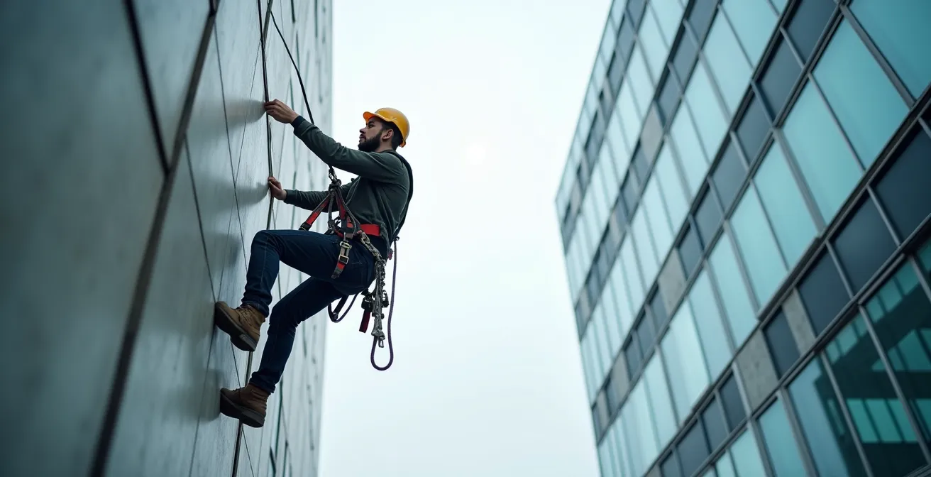 Expert cordiste effectuant un diagnostic de façade en hauteur