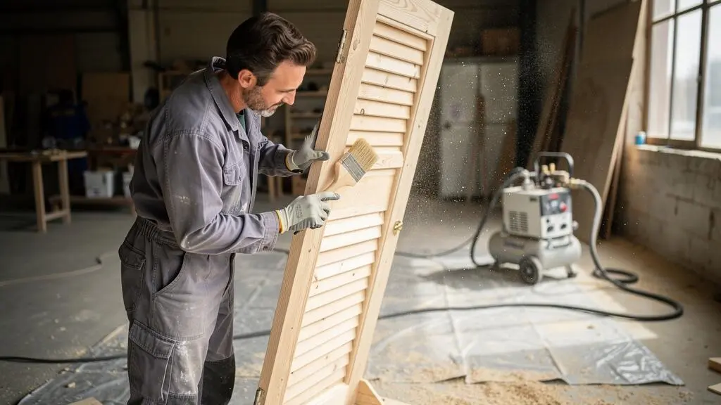Un artisan inspecte une porte en bois fraîchement décapée par aérogommage dans un atelier, avant la préparation pour mise en peinture.