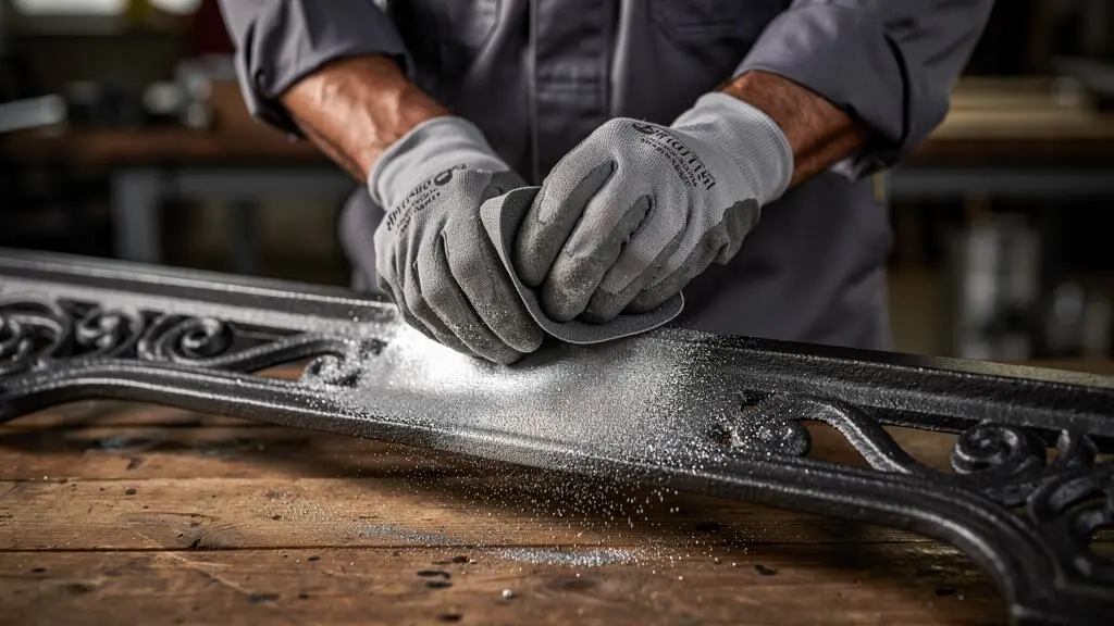 Des mains gantées poncent légèrement un élément en fonte décapé avec un abrasif fin sur un établi d'atelier.